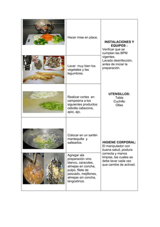 Hacer mise en place.
                          INSTALACIONES Y
                               EQUIPOS :
                        Verificar que se
                        cumplan las BPM
                        vigentes.
                        Lavado desinfección,
                        antes de iniciar la
Lavar muy bien los
                        preparación.
vegetales y las
legumbres.




                            UTENSILLOS:
Realizar cortes en             Tabla
campesina a los               Cuchillo
siguientes productos:          Ollas
cebolla cabezona,
apio, ajo.




Colocar en un sartén
mantequilla y
saltearlos.             HIGIENE CORPORAL:
                        El manipulador con
                        buena salud, postura
                        correcta y manos
Agregar ala
                        limpias, las cuales se
preparación vino
                        debe lavar cada vez
blanco, caracoles,
                        que cambie de activad.
almejas en concha,
pulpo, filete de
pescado, mejillones,
almejas sin concha,
langostinos.
 