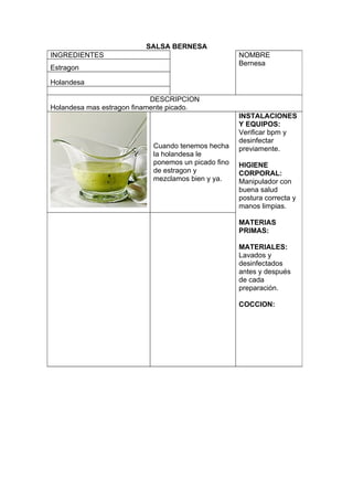 SALSA BERNESA
INGREDIENTES                                        NOMBRE
                                                    Bernesa
Estragon

Holandesa

                            DESCRIPCION
Holandesa mas estragon finamente picado.
                                                    INSTALACIONES
                                                    Y EQUIPOS:
                                                    Verificar bpm y
                                                    desinfectar
                           Cuando tenemos hecha     previamente.
                           la holandesa le
                           ponemos un picado fino   HIGIENE
                           de estragon y            CORPORAL:
                           mezclamos bien y ya.     Manipulador con
                                                    buena salud
                                                    postura correcta y
                                                    manos limpias.

                                                    MATERIAS
                                                    PRIMAS:

                                                    MATERIALES:
                                                    Lavados y
                                                    desinfectados
                                                    antes y después
                                                    de cada
                                                    preparación.

                                                    COCCION:
 