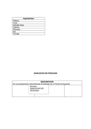 Ingredientes
Plátano
Yuca
Cebolla larga
Cilantro
Pescado
Ajo
Tomate




                       SANCOCHO DE PESCADO



                               DESCRIPCION
Es una preparación sancochando el pescado en un fondo enriquecido
                    Nombre
                    SANCOCHO DE
                    PESCADO
 