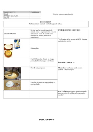 INGREDIENTES       CANTIDAD
MAIZ                                                  Nombre: mazamorra antioqueña
PANELA RASPADA
LECHE

                                  DESCRIPCIÓN
                 Se basa en maíz cocinado con leche y panela rallada



                   Revisar que las áreas de trabajo, la       INSTALACIONES Y EQUIPOS
                   materia prima y la presentación personal
HIGIENIZACION      del cocinero estén de acuerdo a los
                   manuales de buenas prácticas de
                   manufactura.
                                                              Verificación de las normas de BPM vigentes
                                                              desinfección previa



                   Mice a place




                   PASO 1.Se cocina el maíz en el agua
                   por media hora hasta que este blando
                                                              HIGIENE CORPORAL


                   Paso 2. se deja reposar                    Manipulador con buena salud, postura
                                                              correcta y manos limpias




                   Paso 3.se sirve con un poco de leche y
                   panela rallada.



                                                              COCCIÓN asegurarse del tiempo de curado
                                                              para garantizar la calidad de la preparación y
                                                              su sabor.




                                  POTAJE CRACY
 