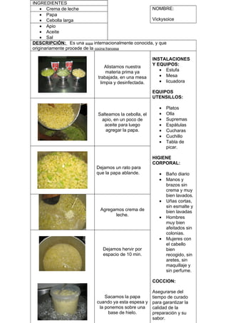 INGREDIENTES
    • Crema de leche                                NOMBRE:
    • Papa
    • Cebolla larga                                 Vickysoice
    • Apio
    • Aceite
    • Sal
DESCRIPCIÓN: Es una sopa internacionalmente conocida, y que
originariamente procede de la cocina francesa

                                                       INSTALACIONES
                                                       Y EQUIPOS:
                                Alistamos nuestra
                                 materia prima ya         • Estufa
                            trabajada, en una mesa        • Mesa
                              limpia y desinfectada.      • licuadora

                                                       EQUIPOS
                                                       UTENSILLOS:

                                                          •   Platos
                            Salteamos la cebolla, el      •   Olla
                             apio, en un poco de          •   Supremas
                               aceite para luego          •   Espátulas
                                agregar la papa.          •   Cucharas
                                                          •   Cuchillo
                                                          •   Tabla de
                                                              picar.

                                                       HIGIENE
                                                       CORPORAL:
                            Dejamos un rato para
                            que la papa ablande.          •   Baño diario
                                                          •   Manos y
                                                              brazos sin
                                                              crema y muy
                                                              bien lavados.
                                                          •   Uñas cortas,
                                                              sin esmalte y
                             Agregamos crema de               bien lavadas
                                   leche.
                                                          •   Hombres
                                                              muy bien
                                                              afeitados sin
                                                              colonias.
                                                          •   Mujeres con
                                                              el cabello
                              Dejamos hervir por              bien
                              espacio de 10 min.              recogido, sin
                                                              aretes, sin
                                                              maquillaje y
                                                              sin perfume.

                                                       COCCION:

                                                       Asegurarse del
                                Sacamos la papa        tiempo de curado
                            cuando ya esta espesa y    para garantizar la
                             la ponemos sobre una      calidad de la
                                 base de hielo.        preparación y su
                                                       sabor.
 