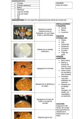 INGREDIENTES
   • Tomate                                            NOMBRE:
   • Cebolla cabezona                                  Sopa de melón
   • Melón
   • Albahaca
   • Jugo de tomate
   • Jugo de melón
   • Sal
   • Ajo
DESCRIPCION: Es una sopa fría especial para los climas de mucho sol.

                                                       INSTALACIONES
                                                       Y EQUIPOS:
                                                          • Estufa
                                 Alistamos nuestra        • Mesa
                                  materia prima ya
                                                          • licuadora
                             trabajada, en una mesa
                               limpia y desinfectada
                                                    EQUIPOS
                                                    UTENSILLOS:
                                                       • Platos
                                                       • Olla
                                                       • Supremas
                                                       • Espátulas
                                                       • Cucharas
                              Salteamos la cebolla
                                                       • Cuchillo
                                   cabezona.
                                                       • Tabla de
                                                         picar.
                                                    HIGIENE
                                                    CORPORAL
                                                       • Baño diario
                                                       • Manos y
                                                         brazos sin
                                                         crema y muy
                             Agregamos el tomate         bien lavados.
                                                       • Uñas cortas,
                                                         sin esmalte y
                                                         bien lavadas
                                                       • Hombres
                                                         muy bien
                                                         afeitados sin
                                                         colonias.
                            Agregamos la albahaca y    • Mujeres con
                                    el melón.            el cabello
                                                         bien
                                                         recogido, sin
                                                         aretes, sin
                                                         maquillaje y
                                                         sin perfume.
                              Agregamos el jugo de
                               melón y el jugo de
                                    tomate             COCCION:
                                                       Asegurarse del
                                                       tiempo de curado
                                                       para garantizar la
                                                       calidad de la
                                                       preparación y su
                                                       sabor.
                               Dejamos hervir por
 