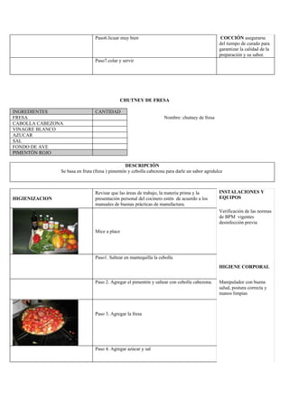 Paso6.licuar muy bien                                            COCCIÓN asegurarse
                                                                                                 del tiempo de curado para
                                                                                                 garantizar la calidad de la
                                                                                                 preparación y su sabor.
                                 Paso7.colar y servir




                                              CHUTNEY DE FRESA

INGREDIENTES                     CANTIDAD
FRESA                                                                Nombre: chutney de fresa
CABOLLA CABEZONA
VINAGRE BLANCO
AZUCAR
SAL
FONDO DE AVE
PIMENTÓN ROJO

                                                 DESCRIPCIÓN
                Se basa en fruta (fresa ) pimentón y cebolla cabezona para darle un sabor agridulce



                                 Revisar que las áreas de trabajo, la materia prima y la         INSTALACIONES Y
HIGIENIZACION                    presentación personal del cocinero estén de acuerdo a los       EQUIPOS
                                 manuales de buenas prácticas de manufactura.
                                                                                                 Verificación de las normas
                                                                                                 de BPM vigentes
                                                                                                 desinfección previa
                                 Mice a place




                                 Paso1. Saltear en mantequilla la cebolla
                                                                                                 HIGIENE CORPORAL


                                 Paso 2. Agregar el pimentón y saltear con cebolla cabezona.     Manipulador con buena
                                                                                                 salud, postura correcta y
                                                                                                 manos limpias



                                 Paso 3. Agregar la fresa




                                 Paso 4. Agregar azúcar y sal
 