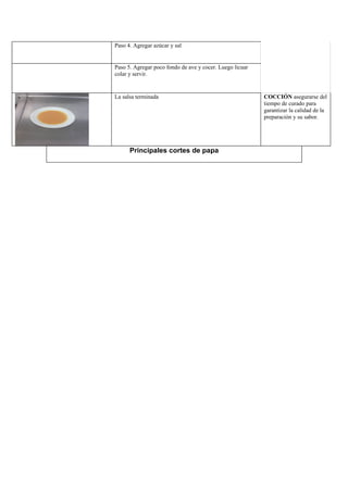 Paso 4. Agregar azúcar y sal


Paso 5. Agregar poco fondo de ave y cocer. Luego licuar
colar y servir.


La salsa terminada                                        COCCIÓN asegurarse del
                                                          tiempo de curado para
                                                          garantizar la calidad de la
                                                          preparación y su sabor.




      Principales cortes de papa
 