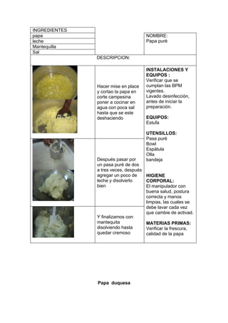 INGREDIENTES
papa                                 NOMBRE:
leche                                Papa puré
Mantequilla
Sal
               DESCRIPCION:

                                     INSTALACIONES Y
                                     EQUIPOS :
                                     Verificar que se
               Hacer mise en place   cumplan las BPM
               y cortao la papa en   vigentes.
               corte campesina       Lavado desinfección,
               poner a cocinar en    antes de iniciar la
               agua con poca sal     preparación.
               hasta que se este
               deshaciendo           EQUIPOS:
                                     Estufa

                                     UTENSILLOS:
                                     Pasa puré
                                     Bowl
                                     Espátula
                                     Olla
               Después pasar por     bandeja
               un pasa puré de dos
               a tres veces, después
               agregar un poco de    HIGIENE
               leche y disolverlo    CORPORAL:
               bien                  El manipulador con
                                     buena salud, postura
                                     correcta y manos
                                     limpias, las cuales se
                                     debe lavar cada vez
                                     que cambie de activad.
               Y finalizamos con
               mantequita            MATERIAS PRIMAS:
               disolviendo hasta     Verificar la frescura,
               quedar cremoso        calidad de la papa




               Papa duquesa
 