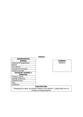 BISQUE
       INGREDIENTES
            BISQUE                                        NOMBRE:
Cascara de langostinos                                     BISQUE
Brandi
Vino blanco
Tomate en concasse
Pasta de tomate
    BOUQUET GARNIE Y
           MIREPOIX
Tomillo y laurel
Cebolla cabezona
Cebolla puerro
apio
zanahoria
                            DESCRIPCIÓN
 Preparación a base de tomate, brandy y vino blanco. Y saborizado con un
                       mirepoix y bouquet garnie.
 