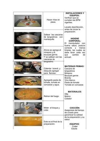 INSTALACIONES Y
                                EQUIPOS :
                         Verificar que se
   Hacer mise en         cumplan las BPM
      place.             vigentes.

                         Lavado desinfección,
                         antes de iniciar la
                         preparación.
Saltear las cascaras
de langostinos con
mantequilla                     HIGIENE
                              CORPORAL:
                         El manipulador con
                         buena salud, postura
                         correcta    y   manos
Ahora se agrega el       limpias, las cuales se
mirepoix y el            debe lavar cada vez
bouquet garnie.          que      cambie     de
Y se saltean con las     activad.
cascaras de
langostino.

                         MATERIAS PRIMAS:
Calentar brandi, y       Cascara de
después agregar          langostinos
para flamear.            Mirepoix
                         Bouquet garnie
                         Brandy
Agregarle pasta de       Vino blanco
tomate, tomate en        Pasta de tomate
concasse y agua.         Tomate en concasse


                             MATERIALES:
                         Olla
Retirar del fuego.       Molino
                         Colador



Moler el bisque y              COCCIÓN:
colar.                   Asegúrese del tiempo
                         de curado para
                         garantizar la calidad
                         de la preparación y su
                         sabor.
Este es el final de la
preparación.                  EQUIPOS:
                                Cutter
                               Estufa
 