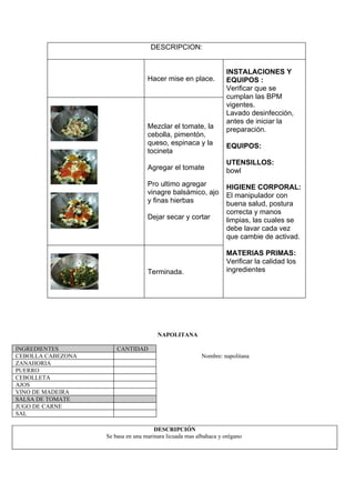 DESCRIPCION:


                                                                  INSTALACIONES Y
                                   Hacer mise en place.           EQUIPOS :
                                                                  Verificar que se
                                                                  cumplan las BPM
                                                                  vigentes.
                                                                  Lavado desinfección,
                                                                  antes de iniciar la
                                   Mezclar el tomate, la          preparación.
                                   cebolla, pimentón,
                                   queso, espinaca y la           EQUIPOS:
                                   tocineta
                                                                  UTENSILLOS:
                                   Agregar el tomate              bowl
                                   Pro ultimo agregar             HIGIENE CORPORAL:
                                   vinagre balsámico, ajo         El manipulador con
                                   y finas hierbas                buena salud, postura
                                                                  correcta y manos
                                   Dejar secar y cortar           limpias, las cuales se
                                                                  debe lavar cada vez
                                                                  que cambie de activad.

                                                                  MATERIAS PRIMAS:
                                                                  Verificar la calidad los
                                   Terminada.                     ingredientes




                                       NAPOLITANA

INGREDIENTES           CANTIDAD
CEBOLLA CABEZONA                                         Nombre: napolitana
ZANAHORIA
PUERRO
CEBOLLETA
AJOS
VINO DE MADEIRA
SALSA DE TOMATE
JUGO DE CARNE
SAL

                                      DESCRIPCIÓN
                   Se basa en una marinara licuada mas albahaca y orégano
 