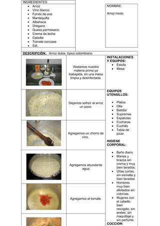 INGREDIENTES
   • Arroz                                             NOMBRE:
   • Vino blanco
   • Fondo de ave                                      Arroz risoto
   • Mantequilla
   • Albahaca
   • Orégano
   • Queso parmesano
   • Crema de leche
   • Cebolla
   • Tomate concase
   • Sal.

DESCRIPCIÓN: Arroz dulce, típico colombiano.
                                                       INSTALACIONES
                                                       Y EQUIPOS:
                                                          • Estufa
                                Alistamos nuestra
                                                          • Mesa
                                 materia prima ya
                            trabajada, en una mesa
                              limpia y desinfectada.



                                                       EQUIPOS
                                                       UTENSILLOS:

                            Dejamos sofreír el arroz      •   Platos
                                  un poco.                •   Olla
                                                          •   Batidor
                                                          •   Supremas
                                                          •   Espátulas
                                                          •   Cucharas
                                                          •   Cuchillo
                                                          •   Tabla de
                            Agregamos un chorro de            picar.
                                   vino.
                                                       HIGIENE
                                                       CORPORAL:

                                                          •Baño diario
                                                          •Manos y
                                                           brazos sin
                             Agregamos abundante           crema y muy
                                    agua                   bien lavados.
                                                         • Uñas cortas,
                                                           sin esmalte y
                                                           bien lavadas
                                                         • Hombres
                                                           muy bien
                                                           afeitados sin
                                                           colonias.
                             Agregamos el tomate.        • Mujeres con
                                                           el cabello
                                                           bien
                                                           recogido, sin
                                                           aretes, sin
                                                           maquillaje y
                                                           sin perfume.
                                                       COCCION:
 