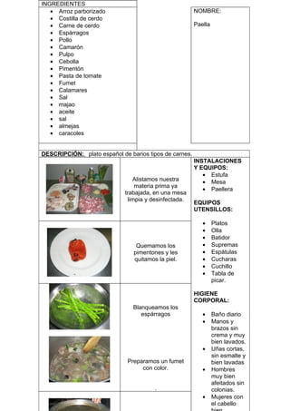INGREDIENTES
   • Arroz parborizado                                  NOMBRE:
   • Costilla de cerdo
   • Carne de cerdo                                     Paella
   • Espárragos
   • Pollo
   • Camarón
   • Pulpo
   • Cebolla
   • Pimentón
   • Pasta de tomate
   • Fumet
   • Calamares
   • Sal
   • majao
   • aceite
   • sal
   • almejas
   • caracoles


DESCRIPCIÓN: plato español de barios tipos de carnes.
                                                        INSTALACIONES
                                                        Y EQUIPOS:
                                                           • Estufa
                                 Alistamos nuestra         • Mesa
                                  materia prima ya
                                                           • Paellera
                             trabajada, en una mesa
                               limpia y desinfectada.
                                                        EQUIPOS
                                                        UTENSILLOS:

                                                           •     Platos
                                                           •     Olla
                                                           •     Batidor
                                 Quemamos los              •     Supremas
                                pimentones y les           •     Espátulas
                                quitamos la piel.          •     Cucharas
                                                           •     Cuchillo
                                                           •     Tabla de
                                                                 picar.

                                                        HIGIENE
                                                        CORPORAL:
                                Blanqueamos los
                                   espárragos              •     Baño diario
                                                           •     Manos y
                                                                 brazos sin
                                                                 crema y muy
                                                                 bien lavados.
                                                           •     Uñas cortas,
                                                                 sin esmalte y
                              Preparamos un fumet                bien lavadas
                                   con color.              •     Hombres
                                                                 muy bien
                                                                 afeitados sin
                                        .                        colonias.
                                                           •     Mujeres con
                                                                 el cabello
 