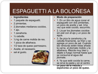 ESPAGUETTI A LA BOLOÑESA
 Ingredientes
 1 paquete de espaguetti.
 2 pimientas.
 2 jitomates medianos cocidos.
 1 ajo.
 1 zanahoria.
 ½ cebolla.
 ½ kg de carne molida de res.
 1 pizca de albahaca.
 1/2 taza de queso parmesano.
 Aceite, el necesario.
 sal al gusto.
 Modo de preparación
 1. En un litro de agua cocer el
espaguetti con dos pimientas,
un poco de aceite y sal. Una
vez que esté cocido, escurrirlo.
 2. Licuar los jitomates cocidos
sin piel con el ajo y un poco de
agua.
 3. Se pica la zanahoria y la
cebolla finamente, se fríen y se
agrega un poco de sal. Cuando
las verduras estén listas añada
la carne, el jitomate molido y la
albahaca. Mezcla muy bien y
déjelo a fuego normal hasta que
se consuma el agua del
jitomate.
 4. Ya que esté cocida la carne,
se sirve la pasta y en el centro
un poco de la mezcla y
espolvorea un poco de queso.
 