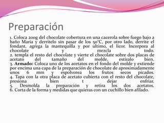 Preparación
1. Coloca 200g del chocolate cobertura en una cacerola sobre fuego bajo a
baño Maria y derrítelo sin pasar de los 50°C, por otro lado, derrite el
fondant, agrega la mantequilla y por ultimo, el licor. Incorpora al
chocolate y mezcla todo.
2. templa el resto del chocolate y vierte el chocolate sobre dos placas de
acetato del tamaño del molde, estíralo bien.
3. Armado: Coloca uno de los acetatos en el fondo del molde y extiende
por encima una capa de la preparación de chocolate de aproximadamente
unos 6 mm y espolvorea los frutos secos picados.
4. Tapa con la otra placa de acetato cubierta con el resto del chocolate,
presiona bien t dejar enfriar.
5. Desmolda la preparación y retira los dos acetatos.
6. Corta de la forma y medidas que quieras con un cuchillo bien afilado.
 