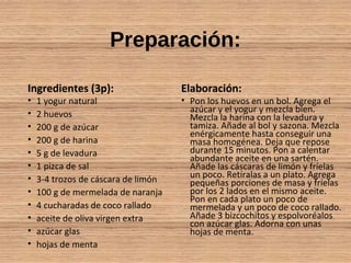 Preparación:
Ingredientes (3p):
• 1 yogur natural
• 2 huevos
• 200 g de azúcar
• 200 g de harina
• 5 g de levadura
• 1 pizca de sal
• 3-4 trozos de cáscara de limón
• 100 g de mermelada de naranja
• 4 cucharadas de coco rallado
• aceite de oliva virgen extra
• azúcar glas
• hojas de menta
Elaboración:
• Pon los huevos en un bol. Agrega el
azúcar y el yogur y mezcla bien.
Mezcla la harina con la levadura y
tamiza. Añade al bol y sazona. Mezcla
enérgicamente hasta conseguir una
masa homogénea. Deja que repose
durante 15 minutos. Pon a calentar
abundante aceite en una sartén.
Añade las cáscaras de limón y fríelas
un poco. Retíralas a un plato. Agrega
pequeñas porciones de masa y fríelas
por los 2 lados en el mismo aceite.
Pon en cada plato un poco de
mermelada y un poco de coco rallado.
Añade 3 bizcochitos y espolvoréalos
con azúcar glas. Adorna con unas
hojas de menta.
 
