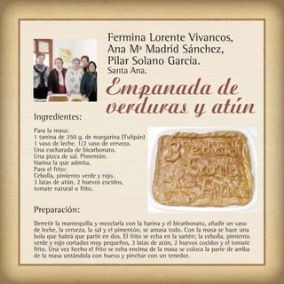 Fermina Lorente Vivancos,
                             Ana Mª Madrid Sánchez,
                             Pilar Solano García.
                             Santa Ana.

                            Empanada de
Ingredientes:
                            verduras y atún
Para la masa:
1 tarrina de 250 g. de margarina (Tulipán)
1 vaso de leche. 1/2 vaso de cerveza.
Una cucharada de bicarbonato.
Una pizca de sal. Pimentón.
Harina la que admita.
Para el frito:
Cebolla, pimiento verde y rojo,
3 latas de atún, 2 huevos cocidos,
tomate natural o frito.


Preparación:
Derretir la mantequilla y mezclarla con la harina y el bicarbonato, añadir un vaso
de leche, la cerveza, la sal y el pimentón, se amasa todo. Con la masa se hace una
bola que habrá que partir en dos. El frito se echa en la sartén; la cebolla, pimiento
verde y rojo cortados muy pequeños, 3 latas de atún, 2 huevos cocidos y el tomate
frito. Una vez hecho el frito se echa encima de la masa se coloca la parte de arriba
de la masa untándola con huevo y pinchar con un tenedor.
 