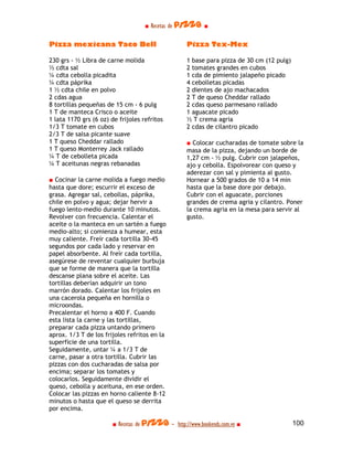 ■ Recetas de pizza ■

Pizza mexicana Taco Bell                           Pizza Tex-Mex

230 grs - ½ Libra de carne molida                  1 base para pizza de 30 cm (12 pulg)
½ cdta sal                                         2 tomates grandes en cubos
¼ cdta cebolla picadita                            1 cda de pimiento jalapeño picado
¼ cdta páprika                                     4 cebolletas picadas
1 ½ cdta chile en polvo                            2 dientes de ajo machacados
2 cdas agua                                        2 T de queso Cheddar rallado
8 tortillas pequeñas de 15 cm - 6 pulg             2 cdas queso parmesano rallado
1 T de manteca Crisco o aceite                     1 aguacate picado
1 lata 1170 grs (6 oz) de frijoles refritos        ½ T crema agria
1/3 T tomate en cubos                              2 cdas de cilantro picado
2/3 T de salsa picante suave
1 T queso Cheddar rallado                          ■ Colocar cucharadas de tomate sobre la
1 T queso Monterrey Jack rallado                   masa de la pizza, dejando un borde de
¼ T de cebolleta picada                            1,27 cm - ½ pulg. Cubrir con jalapeños,
¼ T aceitunas negras rebanadas                     ajo y cebolla. Espolvorear con queso y
                                                   aderezar con sal y pimienta al gusto.
■ Cocinar la carne molida a fuego medio            Hornear a 500 grados de 10 a 14 min
hasta que dore; escurrir el exceso de              hasta que la base dore por debajo.
grasa. Agregar sal, cebollas, páprika,             Cubrir con el aguacate, porciones
chile en polvo y agua; dejar hervir a              grandes de crema agria y cilantro. Poner
fuego lento-medio durante 10 minutos.              la crema agria en la mesa para servir al
Revolver con frecuencia. Calentar el               gusto.
aceite o la manteca en un sartén a fuego
medio-alto; si comienza a humear, esta
muy caliente. Freír cada tortilla 30-45
segundos por cada lado y reservar en
papel absorbente. Al freír cada tortilla,
asegúrese de reventar cualquier burbuja
que se forme de manera que la tortilla
descanse plana sobre el aceite. Las
tortillas deberían adquirir un tono
marrón dorado. Calentar los frijoles en
una cacerola pequeña en hornilla o
microondas.
Precalentar el horno a 400 F. Cuando
esta lista la carne y las tortillas,
preparar cada pizza untando primero
aprox. 1/3 T de los frijoles refritos en la
superficie de una tortilla.
Seguidamente, untar ¼ a 1/3 T de
carne, pasar a otra tortilla. Cubrir las
pizzas con dos cucharadas de salsa por
encima; separar los tomates y
colocarlos. Seguidamente dividir el
queso, cebolla y aceituna, en ese orden.
Colocar las pizzas en horno caliente 8-12
minutos o hasta que el queso se derrita
por encima.

                       ■ Recetas de pizza - http://www.bookends.com.ve ■                  100
 