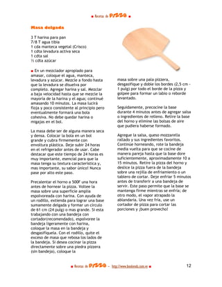 ■ Recetas de pizza ■

Masa delgada

3 T harina para pan
7/8 T agua tibia
1 cda manteca vegetal (Crisco)
1 cdta levadura activa seca
1 cdta sal
½ cdta azúcar

■ En un mezclador apropiado para
amasar, coloque el agua, manteca,
levadura y azúcar. Mezcle a fondo hasta           masa sobre una pala pizzera,
que la levadura se disuelva por                   desgasifique y doble los bordes (2,5 cm -
completo. Agregar harina y sal. Mezclar           1 pulg) por todo el borde de la pizza y
a baja velocidad hasta que se mezcle la           golpee para formar un labio o reborde
mayoría de la harina y el agua; continué          levantado.
amasando 10 minutos. La masa lucirá
floja y poco consistente al principio pero        Seguidamente, precocine la base
eventualmente formará una bola                    durante 4 minutos antes de agregar salsa
cohesiva. No debe quedar harina o                 o ingredientes de relleno. Retire la base
migajas en el bol.                                del horno y elimine las bolsas de aire
                                                  que pudiera haberse formado.
La masa debe ser de alguna manera seca
y densa. Colocar la bola en un bol                Agregue la salsa, queso mozzarella
grande y cubra firmemente con                     rallado y sus ingredientes favoritos.
envoltura plástica. Deje subir 24 horas           Continúe horneando, rote la bandeja
en el refrigerador antes de usar. Cabe            media vuelta para que se cocine de
destacar que este tiempo de 24 horas es           manera pareja hasta que la base dore
muy importante, esencial para que la              suficientemente, aproximadamente 10 a
masa tenga su textura característica y,           15 minutos. Retire la pizza del horno y
mas importante, su sabor único! Nunca             deslice la pizza fuera de la bandeja
pase por alto este paso.                          sobre una rejilla de enfriamiento o un
                                                  tablero de cortar. Deje enfriar 5 minutos
Precalentar el horno a 500F una hora              antes de transferir a una bandeja de
antes de hornear la pizza. Voltee la              servir. Este paso permite que la base se
masa sobre una superficie amplia                  mantenga firme mientras se enfría; de
espolvoreada con harina. Con ayuda de             otro modo, el vapor atrapado la
un rodillo, extienda para lograr una base         ablandaría. Una vez fría, use un
sumamente delgada y formar un círculo             cortador de pizza para cortar las
de 61 cm (24 pulg) o mas grande. Si esta          porciones y ¡buen provecho!
trabajando con una bandeja con
cortador(recomendado), espolvoree la
bandeja ligeramente con harina,
coloque la masa en la bandeja y
desgasifíquela. Con el rodillo, quite el
exceso de masa que rebosa los lados de
la bandeja. Si desea cocinar la pizza
directamente sobre una piedra pizzera
(sin bandeja), coloque la


                      ■ Recetas de pizza - http://www.bookends.com.ve ■                 12
 