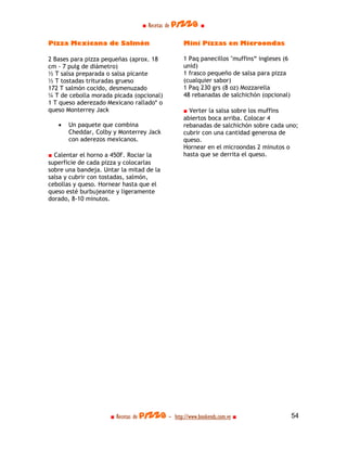 ■ Recetas de pizza ■

Pizza Mexicana de Salmón                         Mini Pizzas en Microondas

2 Bases para pizza pequeñas (aprox. 18           1 Paq panecillos "muffins“ ingleses (6
cm - 7 pulg de diámetro)                         unid)
½ T salsa preparada o salsa picante              1 frasco pequeño de salsa para pizza
½ T tostadas trituradas grueso                   (cualquier sabor)
172 T salmón cocido, desmenuzado                 1 Paq 230 grs (8 oz) Mozzarella
¼ T de cebolla morada picada (opcional)          48 rebanadas de salchichón (opcional)
1 T queso aderezado Mexicano rallado* o
queso Monterrey Jack                             ■ Verter la salsa sobre los muffins
                                                 abiertos boca arriba. Colocar 4
   •   Un paquete que combina                    rebanadas de salchichón sobre cada uno;
       Cheddar, Colby y Monterrey Jack           cubrir con una cantidad generosa de
       con aderezos mexicanos.                   queso.
                                                 Hornear en el microondas 2 minutos o
■ Calentar el horno a 450F. Rociar la            hasta que se derrita el queso.
superficie de cada pizza y colocarlas
sobre una bandeja. Untar la mitad de la
salsa y cubrir con tostadas, salmón,
cebollas y queso. Hornear hasta que el
queso esté burbujeante y ligeramente
dorado, 8-10 minutos.




                     ■ Recetas de pizza - http://www.bookends.com.ve ■                    54
 