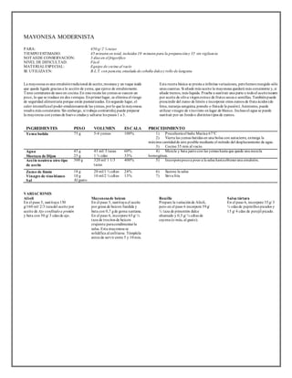 MAYONESA MODERNISTA 
PARA: 450 g/ 2 ¼ tazas 
TIEMPO ESTIMADO: 45 minutos en total, incluidos 10 minutos para la preparación y 35 sin vigilancia 
NOTAS DE CONSERVACIÓN: 3 días en el frigorífico 
NIVEL DE DIFICULTAD: Fácil 
MATERIAL ESPECIAL: Equipo de cocina al vacío 
SE UTILIZA EN: B.L.T. con panceta, ensalada de cebolla dulce y rollo de langosta 
La mayonesa es una emulsión t radicional de aceite, mostaza y un toque ácido 
que queda ligada gracias a la acción de yema, que ejerce de emulsionante. 
Tiene centenares de usos en cocina. En esta receta las yemas se cuecen un 
poco, lo que se t raduce en dos ventajas. En primer lugar, se elimina el riesgo 
de seguridad alimentaria porque están pasteurizadas. En segundo lugar, el 
calor intensifica el poder emulsionante de las yemas, por lo que la mayonesa 
resulta más consistente. Sin embargo, si t rabaja contrarreloj puede preparar 
la mayonesa con yemas de huevo crudas y saltarse los pasos 1 a 3. 
Esta receta básica se presta a infinitas variaciones, pero hemos recogido sólo 
unas cuantas. Si añade más aceite la mayonesa quedará más consistente y, si 
añade menos, más líquida. Pruebe a sust ituir una parte o todo el aceite neutro 
por aceite de oliva virgen extra o de frutos secos o semillas. También puede 
prescindir del zumo de limón e incorporar otros zumos de fruta ácidos (de 
lima, naranja sanguina, pomelo o fruta de la pasión). Asimismo, puede 
ut ilizar vinagre de vino t into en lugar de blanco. Incluso el agua se puede 
sust ituir por un fondo o dist intos t ipos de zumos. 
INGREDIENTES PESO VOLUMEN ESCALA PROCEDIMIENTO 
Yema batida 75 g 5-6 yemas 100% 1) Precaliente el baño María a 67°C 
2) Vierta las yemas bat idas en una bolsa con autocierre, extraiga la 
máxima cantidad de aire posible mediante el método del desplazamiento de agua. 
3) Cocine 35 min al vacío. 
Agua 
Mostaza de Dijon 
45 g 
25 g 
45 ml/ 3 tazas 
1 ½ cdas 
60% 
33% 
4) Mezcle y bata junto con las yemas hasta que quede una mezcla 
homogénea. 
Acei te neutro u otro tipo 
de aceite 
300 g 320 ml/ 1 1/3 
tazas 
400% 5) Incorpore poco a poco a la salsa hasta obtener una emulsión. 
Zumo de limón 
Vinagre de vino blanco 
Sal 
18 g 
10 g 
Al gusto 
20 ml/1 ½ cdtas 
10 ml/2 ½ cdtas 
24% 
13% 
6) Sazone la salsa 
7) Sirva fría 
VARIACIONES 
Al ioli 
En el paso 5, sust ituya 150 
g/160 ml/ 2/3 taza del aceite por 
aceite de Ajo confitado a presión 
y bata con 50 g/ 3 cdas de ajo. 
Mayonesa de beicon 
En el paso 5, sust ituya el aceite 
por grasa de beicon fundida y 
bata con 0,7 g de goma xantana. 
En el paso 6, incorpore 65 g/ ½ 
taza de t rocitos de beicon 
crujiente para condimentar la 
salsa. Esta mayonesa se 
solidifica al enfriarse. Témplela 
antes de servir entre 5 y 10 min. 
Roui lle 
Prepare la variación de Alioli, 
pero en el paso 6 incorpore 59 g/ 
½ taza de pimentón dulce 
ahumado y 0,5 g/ ¼ cdtas de 
cayena (o más, al gusto). 
Salsa tártara 
En el paso 6, incorpore 35 g/ 3 
½ cdas de pepinillos picados y 
15 g/ 4 cdas de perejil picado. 
 