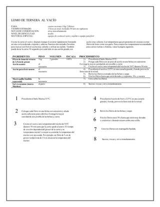LOMO DE TERNERA AL VACÍO 
PARA: cuatro raciones (1kg/ 2 filetes) 
TIEMPO ESTIMADO: 1 hora en total, incluidos 50 min sin vigilancia 
NOTAS DE CONSERVACIÓN: sirva inmediatamente 
NIVEL DE DIFICULTAD: medio 
MATERIAL ESPECIAL: equipo de cocina al vacío y soplete o equipo para freír 
Cocine la carne al vacío y después marque el exterior rápidamente formando 
así una corteza dorada, crujiente y sabrosa. Nuest ros dos métodos favoritos 
para marcar son freír en aceite muy caliente y ut ilizar un soplete. También 
puede dorar la carne 30 segundos por cada lado en una sartén grande con 
aceite muy caliente. Las temperaturas que proponemos sirven para cocinar 
filetes de lomo como nos gusta. Para conocer las temperaturas recomendadas 
para carnes t iernas o chuletas, véase la página siguiente. 
INGREDIENTES PESO VOLUMEN ESCALA PROCEDIMIENTO 
Fi lete de lomo de ternera 
de 2,5cm de grosor 
1kg 2 grandes 100% 1) Precaliente el baño María a 55°C. 
2) Ponga cada filete con un poco de aceite en una bolsa con autocierre. 
Ext raiga la mayor cantidad de aire posible y cierre. 
3) Cocine al vacío a una temperatura del núcleo de 54°C durante 50 min. 
Acei te neutro el 
necesario 
Acei te para freír neutro el 
necesario 
4) Precaliente el aceite a 225°C en una cazuela grande y honda, pero no la 
llene más de la mitad. 
5) Ret ire los filetes cocinados de las bolsas y seque. 
6) Fría los filetes hasta que estén dorados y crujientes, 30 s, y escurra 
Mantequilla fundida 
(opcional) 
la 
necesaria 
7) Unte sobre los filetes. 
Sal en escamas (marca 
Maldon) 
al gusto 8) Sazone, t rocee y sirva inmediatamente. 
1 
2 
3 
4 
5 
6 
7 
8 
Precaliente el baño María a 55°C. 
Coloque cada filete en una bolsa con autocierre y añada 
aceite suficiente para cubrirlos. Extraiga la mayor 
cant idad de aire posible de las bolsas y cierre. 
Cocine al vacío a una temperatura del núcleo de 54°C 
durante 50 min para que la carne quede al punto. El t iempo 
de cocción dependerá del grosor de la carne y su 
temperatura inicial. Lo mejor es controlar la temperatura del 
núcleo con una sonda. Por ejemplo, un filete de 5 cm de 
grosor tardará más de 3 h en alcanzar la temperatura del 
núcleo. 
Precaliente el aceite de freír a 225°C en una cazuela 
grande y honda, pero no la llene más de la mitad. 
Ret ire los filetes de las bolsas y seque. 
Fría los filetes unos 30 s hasta que estén muy dorados 
y crujientes y después escurra sobre una rejilla. 
Unte los filetes con mantequilla fundida. 
Sazone, t rocee y sirva inmediatamente. 
 