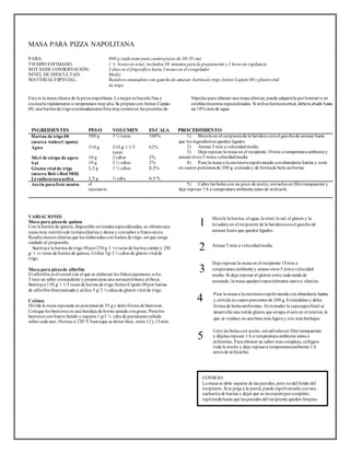 MASA PARA PIZZA NAPOLITANA 
PARA: 800 g (suficiente para cuatro pizzas de 30-35 cm) 
TIEMPO ESTIMADO: 1 ½ horas en total, incluidos 30 minutos para la preparación y 1 hora sin vigilancia 
NOTAS DE CONSERVACIÓN: 3 días en el frigorífico hasta 3 meses en el congelador 
NIVEL DE DIFICULTAD: Medio 
MATERIAL ESPECIAL: Batidora amasadora con gancho de amasar, harina de trigo Antico Caputo 00 y gluten vital 
de trigo 
Esta es la masa clásica de la pizza napolitana. Lo mejor es hacerla fina y 
cocinarla rápidamente a temperatura muy alta. Se prepara con Antico Caputo 
00, una harina de t rigo extremadamente fina muy común en las pizzerías de 
Nápoles para obtener una masa elást ica; puede adquirirla por Internet o en 
establecimientos especializados. Si ut iliza harina normal, deberá añadir hasta 
un 10% más de agua. 
INGREDIENTES PESO VOLUMEN ESCALA PROCEDIMIENTO 
Harina de trigo 00 
(marca Antico Caputo) 
500 g 3 ¼ tazas 
100% 1) Mezcle en el recipiente de la bat idora con el gancho de amasar hasta 
que los ingredientes queden ligados 
2) Amase 5 min a velocidad media. 
3) Deje reposar la masa en el recipiente 10 min a temperatura ambiente y 
amasa ot ros 5 min a velocidad media 
4) Pase la masa a la encimera espolvoreada con abundante harina y corte 
en cuat ro porciones de 200 g. extienda y dé forma de bola uniforme. 
Agua 
Miel de sirope de agave 
Sal 
Gluten vi tal de trigo 
(marca Bob´s Red Mi ll) 
Levadura seca activa 
310 g 
10 g 
10 g 
2,5 g 
2,5 g 
310 g/ 1 1/3 
tazas 
2 cdtas 
2 ½ cdtas 
1 ½ cdtas 
¾ cdta 
62% 
2% 
2% 
0,5% 
0,5 % 
Acei te para freír neutro el 
necesario 
5) Cubra las bolas con un poco de aceite, envuelva en film t ransparente y 
deje reposar 1 h a temperatura ambiente antes de ut ilizarla 
VARIACIONES 
Masa para pizza de quinoa 
Con la harina de quinoa, disponible en t iendas especializadas, se obt iene una 
masa muy nut ritiva de textura elást ica y densa y con sabor a frutos secos. 
Resulta menos elást ica que las elaboradas con harina de t rigo, así que tenga 
cuidado al prepararla. 
Sust ituya la harina de t rigo 00 por 250 g /1 7/8 tazas de harina común y 250 
g/ 1 3/8 tazas de harina de quinoa. Ut ilice 5g/ 2 ½ cdtas de gluten vital de 
t rigo. 
Masa para pizza de alforfón 
El alforfón es el cereal con el que se elaboran los fideos japoneses soba. 
Tiene un saber contundente y proporciona una sensación basta en boca. 
Sust ituya 150 g/ 1 1/3 tazas de harina de t rigo Antico Caputo 00 por harina 
de alforfón fina tamizada y ut ilice 5 g/ 2 ½ cdtas de gluten vital de t rigo. 
Col ines 
Divida la masa reposada en porciones de 55 g y deles forma de bastones. 
Coloque los bastones en una bandeja de horno untada con grasa. Pinte los 
bastones con huevo batido y esparza 1 g/1 ½ cdta de parmesano rallado 
sobre cada uno. Hornee a 220 °C hasta que se doren bien, entre 12 y 15 min. 
Mezcle la harina, el agua, la miel, la sal, el gluten y la 
levadura en el recipiente de la bat idora con el gancho de 
amasar hasta que queden ligados. 
Amase 5 min a velocidad media 
Deje reposar la masa en el recipiente 10 min a 
temperatura ambiente y amase otros 5 min a velocidad 
media. Si deja reposar el gluten entre cada tanda de 
amasado, la masa quedará especialmente suave y elást ica. 
Pase la masa a la encimera espolvoreada con abundante harina 
y córtela en cuatro porciones de 200 g. Extiéndalas y deles 
forma de bolas uniformes. Al extender la capa superficial se 
desarrolla una red de gluten que at rapa el aire en el interior, lo 
que se t raduce en una base más ligera y con más burbujas. 
Unte las bolas con aceite, envuélvalas en film t ransparente 
y déjelas reposar 1 h a temperatura ambiente antes e 
ut ilizarlas. Para obtener un sabor más complejo, refrigere 
toda la noche y deje reposar a temperatura ambiente 1 h 
antes de ut ilizarlas. 
1 
2 
3 
3 
3 
3 
4 
5 
CONSEJO: 
La masa se debe separar de las paredes, pero no del fondo del 
recipiente. Si se pega a la pared, puede espolvorearla con una 
cucharita de harina y dejar que se incorpore por completo, 
repit iendo hasta que las paredes del recipiente queden limpias. 
 