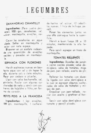 I, E G U M B R E S
  ZANA HORIAS CHANT1LLY                  da harina sal aziicar, 12 cebolli-
                                         tas nuevas I hola de lechuga, pe-
   Ingredientes: (Para cuairo per-       rejil.
 onas). 500 grs. zanahorias, sal,           Poner los elementos juntos en
.z,jcar, mantequilla, arvejitas, na-     una olla con agua hasta la super-
                                         ficie.
  c o c e r las zanahorias   en agua        H e r v i r a buen fuego 20 a 30
 alada. Saltar en mantequilla /          minutos, manteniendo la olla t a -
 #ciar con nata espesa.                  pada.
  B i v o n e r en un azafate rodean-       Para servir agregar un trozo d e
JO una guarnición        d e arvejitas   msntequÍlla.
cocidas y pasadas en mantequi-
 Ir.                                          TOMATES RELLENOS
' ESPINACA CON FLORONES
                                           Ingredientes: Duxelles d e jamón
                                         o carne cocida ,picada, salsa de-
   Hervir espinacas nuevas en ,bas-      mi-glace, salsa d e tomates, miga
tante agua con sal y sin ia<par la       d e 'pan, 'pan rallado, aceite d e oli-
ella, durante seis o siete minutos.      va.
Pasar por cedazo o picarlas.                Rellenar los tomates con duxe-
   Ligsr con saha bechamelle, sal,       Ile ligada con salsa demi-glace a
pimienta. Rociar con algunas cu-         la cual s agregan algunas cucha-,
                                                   e
charadas d e nata y servir c o n cos-    radas d e salsa d e tomates y mi-
troies de hojaldre o fritos, en for-     gas d e pan.
ms d e corazón.                             Empolvar con pan rallado, ro-
                                         ciar c o n aceite y gratinar al lhor-
PETITS POlS A LA FRANCESA
                                         no.
  Ingredientes: I kgr. arvejitas,           Servir con salsa demi-glace con
    grs. mantequilla, I cuchara-         tomate y ,perejil picado.
 