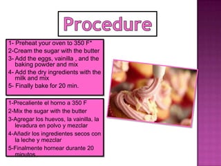 1- Preheat your oven to 350 F*
2-Cream the sugar with the butter
3- Add the eggs, vainilla , and the
baking powder and mix
4- Add the dry ingredients with the
milk and mix
5- Finally bake for 20 min.
1-Precaliente el horno a 350 F
2-Mix the sugar with the butter
3-Agregar los huevos, la vainilla, la
levadura en polvo y mezclar
4-Añadir los ingredientes secos con
la leche y mezclar
5-Finalmente hornear durante 20
minutos.
 