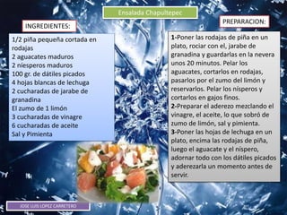 JOSE LUIS LOPEZ CARRETERO
Ensalada Chapultepec
1/2 piña pequeña cortada en
rodajas
2 aguacates maduros
2 níesperos maduros
100 gr. de dátiles picados
4 hojas blancas de lechuga
2 cucharadas de jarabe de
granadina
El zumo de 1 limón
3 cucharadas de vinagre
6 cucharadas de aceite
Sal y Pimienta
INGREDIENTES:
PREPARACION:
1-Poner las rodajas de piña en un
plato, rociar con el, jarabe de
granadina y guardarlas en la nevera
unos 20 minutos. Pelar los
aguacates, cortarlos en rodajas,
pasarlos por el zumo del limón y
reservarlos. Pelar los nísperos y
cortarlos en gajos finos.
2-Preparar el aderezo mezclando el
vinagre, el aceite, lo que sobró de
zumo de limón, sal y pimienta.
3-Poner las hojas de lechuga en un
plato, encima las rodajas de piña,
luego el aguacate y el níspero,
adornar todo con los dátiles picados
y aderezarla un momento antes de
servir.
 