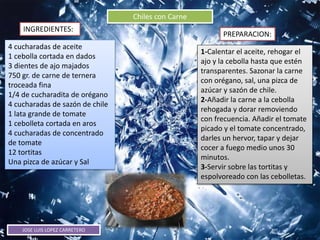JOSE LUIS LOPEZ CARRETERO
Chiles con Carne
INGREDIENTES:
PREPARACION:
4 cucharadas de aceite
1 cebolla cortada en dados
3 dientes de ajo majados
750 gr. de carne de ternera
troceada fina
1/4 de cucharadita de orégano
4 cucharadas de sazón de chile
1 lata grande de tomate
1 cebolleta cortada en aros
4 cucharadas de concentrado
de tomate
12 tortitas
Una pizca de azúcar y Sal
1-Calentar el aceite, rehogar el
ajo y la cebolla hasta que estén
transparentes. Sazonar la carne
con orégano, sal, una pizca de
azúcar y sazón de chile.
2-Añadir la carne a la cebolla
rehogada y dorar removiendo
con frecuencia. Añadir el tomate
picado y el tomate concentrado,
darles un hervor, tapar y dejar
cocer a fuego medio unos 30
minutos.
3-Servir sobre las tortitas y
espolvoreado con las cebolletas.
 