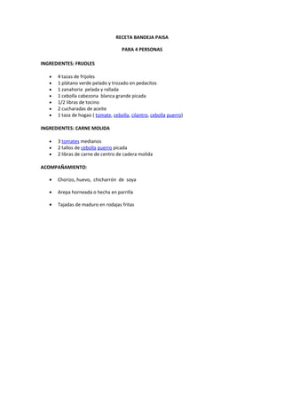 RECETA BANDEJA PAISA

                                     PARA 4 PERSONAS

INGREDIENTES: FRIJOLES

   •   4 tazas de frijoles
   •   1 plátano verde pelado y trozado en pedacitos
   •   1 zanahoria pelada y rallada
   •   1 cebolla cabezona blanca grande picada
   •   1/2 libras de tocino
   •   2 cucharadas de aceite
   •   1 taza de hogao ( tomate, cebolla, cilantro, cebolla puerro)

INGREDIENTES: CARNE MOLIDA

   •   3 tomates medianos
   •   2 tallos de cebolla puerro picada
   •   2 libras de carne de centro de cadera molida

ACOMPAÑAMIENTO:

   •   Chorizo, huevo, chicharrón de soya

   •   Arepa horneada o hecha en parrilla

   •   Tajadas de maduro en rodajas fritas
 