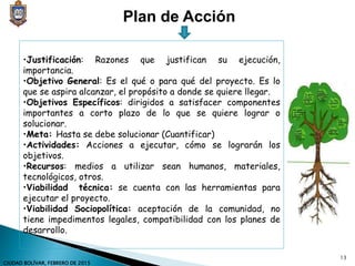 •Justificación: Razones que justifican su ejecución,
importancia.
•Objetivo General: Es el qué o para qué del proyecto. Es lo
que se aspira alcanzar, el propósito a donde se quiere llegar.
•Objetivos Específicos: dirigidos a satisfacer componentes
importantes a corto plazo de lo que se quiere lograr o
solucionar.
•Meta: Hasta se debe solucionar (Cuantificar)
•Actividades: Acciones a ejecutar, cómo se lograrán los
objetivos.
•Recursos: medios a utilizar sean humanos, materiales,
tecnológicos, otros.
•Viabilidad técnica: se cuenta con las herramientas para
ejecutar el proyecto.
•Viabilidad Sociopolítica: aceptación de la comunidad, no
tiene impedimentos legales, compatibilidad con los planes de
desarrollo.
Plan de Acción
13
CIUDAD BOLÍVAR, FEBRERO DE 2015
 