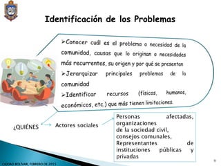 Identificación de los Problemas
¿QUIÉNES Actores sociales
Personas afectadas,
organizaciones
de la sociedad civil,
consejos comunales,
Representantes de
instituciones públicas y
privadas
9
CIUDAD BOLÍVAR, FEBRERO DE 2015
 