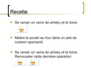 Recette Se verser un verre de whisky et le boire Mettre le poulet au four dans un plat de cuisson approprié  Se verser un verre de whisky et le boire. Renouveler cette dernière opération 