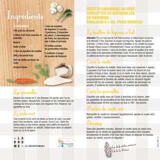 Les grenouilles
Séparer les cuisses en 2, les désosser (ne garder que l’os de
l’arrière cuisse). Assaisonner. Les paner en les trempant dans un
mélange de tempura et dans une chapelure fine. Réserver vos
gigolettes au frais.
Le coulis vert
Trier le persil et les verts de blette ou fanes de radis. Les jeter
dans l’eau bouillante, saler et couvrir. Cuire 2 mn. Sortir les
herbes dans un bol mixeur, ajouter une cuillère de beurre et
mixer jusqu’à obtenir un velouté. Débarrasser dans un saladier
posé sur un lit de glace.
Le bouillon de légumes à l’ail
Attention ! Si ce n’est pas de l’ail frais nouveau, le débarrasser du germe
et le blanchir 2 fois. Éplucher et couper vos légumes. Ajouter les pelures
d’ail frais, 1,5 litres d’eau, saler et porter à ébullition 3 mn. Arrêter la cuisson
et laisser infuser jusqu’à refroidissement. Passer au chinois pour garder
le bouillon. Faire réduire 1 verre de vin blanc, ajouter le bouillon et le reste
des 2 têtes d’ail épluchées et blanchies. Cuire 15 mn et mixer en ajoutant
3 cuillères de beurre pour obtenir une sauce mousseuse. Saler et poivrer.
Cuire le risotto
Chauffer le bouillon de volaille. Faire suer dans une casserole 1 oignon,
2 gousses d’ail frais écrasées dans une cuillère de beurre et une
cuillère d’huile d’olive. Ajouter le riz à risotto et le faire nacrer. Ajouter
1 verre de vin blanc, remuer jusqu’à évaporation du vin, puis ajouter
progressivement le bouillon de volaille chaud en remuant réguliè-
rement (20 mn de cuisson). Ajouter une cuillère de parmesan en
poudre, 2 cuillères de crème fraîche, et réserver sans chauffer.
Cuire les grenouilles
Chauffer une poêle avec de l’huile d’arachide et du beurre, jeter
les gigolettes de grenouilles et les faire dorer en les retournant.
Les débarrasser et finir la cuisson au four à 180°, les poivrer.
Finition du risotto vert
Réchauffer le risotto en remuant régulièrement, ajouter le coulis vert,
goûter, rectifier l’assaisonnement…
Dressage
Dans des assiettes creuses, déposer le risotto dans un cadre inox,
disposer sur le risotto les gigolettes de grenouilles bien chaudes,
émulsionner le bouillon d’ail frais bien chaud, et déposer la mousse
autour du risotto, poivrer et déguster !
RISOTTO CARNAROLI AU VERT,
GIGOLETTES DE GRENOUILLES
EN VIENNOISE ;
ÉMULSION À L’AIL FRAIS NOUVEAU
(8 PERSONNES)
120 g de riz carnaroli
2 têtes d’ail frais nouveau si
possible
Beurre
Huile d’olive
1 litre de bouillon de volaille
200 g de persil frais
Vert de blette ou fanes de
radis
Crème fraîche
1 litre de bouillon
de légumes (1 carotte,
2 poireaux, 2 branches
de céleri, 2 champignons
de Paris, les épluchures
des 2 têtes d’ail frais)
24 belles cuisses
de grenouilles fraîches
2 cuillères à soupe
de poudre de tempura
Ingrédients
Les chefs étoilés cuisinent
l’ail de la Drôme
VALCOM.fr
 