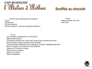 Recette Avec l’animateur, préchauffe le four à 190°C (th 6/7). Sépare le blanc du jaune Fais fondre le chocolat au four à micro onde, rajoute le beurre, puis les jaunes d’œuf.  Monte les blancs en neige, et ajoute le sucre en fouettant.  Incorpore les blancs délicatement dans le mélange au chocolat en mélangeant petit à petit.  Beurre 4 ramequins, puis remplis-les à moitié seulement. Laisse cuire 10 minutes à mi-hauteur.  Décore avec du sucre glace.  Attention c’est chaud !! Place à la dégustation ! Ingrédients   pour 4 personnes   (pour 5 ramequins) 2 œufs  30 g de beurre 50 g de chocolat noir  25 g de sucre glace + un peu pour saupoudrer le soufflé cuit Matériel Plaque, ramequins, bol, cul de poule, fouet Soufflés au chocolat 