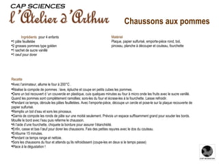 Recette Avec l’animateur, allume le four à 200°C . Réalise la compote de pommes : lave, épluche et coupe en petits cubes les pommes. Dans un bol recouvert d ‘un couvercle en plastique, cuis quelques minutes au four à micro onde les fruits avec le sucre vanillé.  Quand les pommes sont complètement ramollies; sors-les du four et écrase-les à la fourchette. Laisse refroidir. Pendant ce temps, déroule les pâtes feuilletées. Avec l’emporte-pièce, découpe un cercle et pose-le sur la plaque recouverte de papier sulfurisé. Remplis un bol d’eau et sors les pinceaux. Garnis de compote les ronds de pâte sur une moitié seulement. Prévois un espace suffisamment grand pour souder les bords. Mouille le bord avec l’eau puis referme le chausson. A l’aide d’une fourchette, chiquete la bordure pour assurer l’étanchéité.  Enfin, casse et bas l’œuf pour dorer les chaussons. Fais des petites rayures avec le dos du couteau. Enfourne 15 minutes. Pendant ce temps range et nettoie. Sors les chaussons du four et attends qu’ils refroidissent (coupe-les en deux si le temps passe) Place à la dégustation ! Ingrédients    pour 4 enfants 1 pâte feuilletée 2 grosses pommes type golden 1 sachet de sucre vanillé 1 oeuf pour dorer Matériel Plaque, papier sulfurisé, emporte-pièce rond, bol, pinceau, planche à découper et couteau, fourchette Chaussons aux pommes 