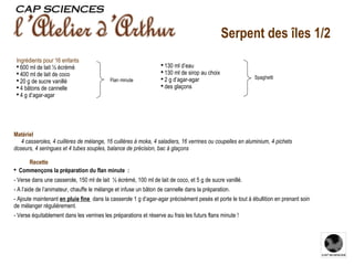 Matériel       4 casseroles, 4 cuillères de mélange, 16 cuillères à moka,   4 saladiers,   16 verrines ou coupelles en aluminium, 4 pichets doseurs, 4 seringues et 4 tubes souples, balance de précision, bac à glaçons Recette Commençons la préparation du flan minute :  - Verse dans une casserole, 150 ml de lait  ½ écrémé, 100 ml de lait de coco, et 5 g de sucre vanillé. - A l’aide de l’animateur, chauffe le mélange et infuse un bâton de cannelle dans la préparation. - Ajoute maintenant  en pluie fine  dans la casserole 1 g  d’agar-agar   précisément pesés et porte le tout à ébullition en prenant soin de mélanger régulièrement. - Verse équitablement dans les verrines les préparations et réserve au frais les futurs flans minute ! Serpent des îles 1/2 Flan minute Spaghetti 130 ml d’eau   130 ml de sirop au choix  2 g d’agar-agar des glaçons Ingrédients pour 16 enfants 600 ml de lait ½ écrémé 400 ml de lait de coco 20 g de sucre vanillé 4 bâtons de cannelle 4 g d’agar-agar 