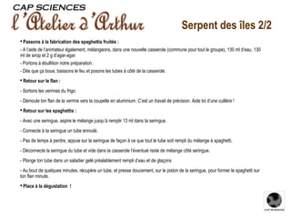 Serpent des îles 2/2 Passons  à la fabrication des spaghettis fruités : - A l’aide de l’animateur également, mélangeons, dans une nouvelle casserole (commune pour tout le groupe), 130 ml d’eau, 130 ml de sirop et 2 g d’agar-agar. - Portons à ébullition notre préparation. - Dès que ça boue, baissons le feu et posons les tubes à côté de la casserole. Retour sur le flan : -   Sortons les verrines du frigo.  -   Démoule ton flan de la verrine vers la coupelle en aluminium. C’est un travail de précision. Aide toi d’une cuillère !  Retour sur les spaghettis : -   Avec une seringue, aspire le mélange jusqu’à remplir 13 ml dans ta seringue. -   Connecte à ta seringue un tube enroulé.  -   Pas de temps à perdre, appuie sur la seringue de façon à ce que tout le tube soit rempli du mélange à spaghetti. -   Déconnecte la seringue du tube et vide dans la casserole l’éventuel reste de mélange côté seringue. -   Plonge ton tube dans un saladier gelé préalablement rempli d’eau et de glaçons -   Au bout de quelques minutes, récupère un tube, et presse doucement, sur le piston de la seringue, pour former le spaghetti sur ton flan minute.  Place à la dégustation !  