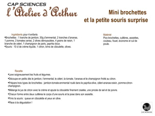 Recette Lave soigneusement les fruits et légumes. Découpe en petits dés le jambon, l’emmental, le céleri, la tomate, l’ananas et le champignon frotté au citron. Prépare trois types de brochettes : jambon-tomate-emmental roulé dans le paprika-olive, céleri-ananas-raisin, pomme-citron-champignon. Mélange le jus de citron avec la crème et ajoute la ciboulette finement ciselée, une pincée de sel et de poivre. Chacun forme entre deux cuillères le corps d’une souris et la pose dans son assiette. Finis ta souris : queue en ciboulette et yeux en olive. Place à la dégustation ! Ingrédients   pour 4 enfants Brochettes : 1 tranche de jambon, 50g d’emmental, 2 tranches d’ananas, 1 pomme, 2 tomates cerise, 2 olives dénoyautées, 4 grains de raisin, 1 branche de celeri, 1 champignon de paris, paprika doux. Souris : 10 cl de crème liquide, 1 citron, brins de ciboulette, olives. Matériel Pics brochettes, cuillères, assiettes, couteau, fouet, économe et cul de poule. Mini brochettes  et la petite souris surprise 