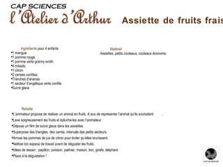 Recette L’animateur propose de réaliser un animal en fruits. A eux de représenter l’animal qu’ils souhaitent  . Lave soigneusement les fruits et épluche-les avec l’animateur. Dépose un film de sucre glace dans les assiettes. Superpose des triangles, des carrés, intercale des petits secteurs. Arrose les pommes de jus de citron pour éviter qu’elles brunissent. Nettoie ton espace de travail avant de déguster les fruits. Idées de dessin : papillon, poisson, palmier, maison, lion, girafe, éléphant. Place à la dégustation ! Ingrédients   pour 4 enfants 1 mangue. 1 pomme rouge. 1 pomme verte granny smith. 4 mikado.  1 citron. 2 cerises confites. Tranches d’ananas. 1 secteur d’angélique verte confite.  Sucre glace Matériel Assiettes, petits couteaux, couteaux économe. Assiette de fruits frais 