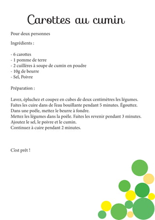 Carottes au cumin
Pour deux personnes
Ingrédients :
- 6 carottes
- 1 pomme de terre
- 2 cuillères à soupe de cumin en poudre
- 10g de beurre
- Sel, Poivre
Préparation :
Lavez, épluchez et coupez en cubes de deux centimètres les légumes.
Faites les cuire dans de l’eau bouillante pendant 5 minutes. Égouttez.
Dans une poêle, mettez le beurre à fondre.
Mettez les légumes dans la poêle. Faites les revenir pendant 3 minutes.
Ajoutez le sel, le poivre et le cumin.
Continuez à cuire pendant 2 minutes.

C’est prêt !

 