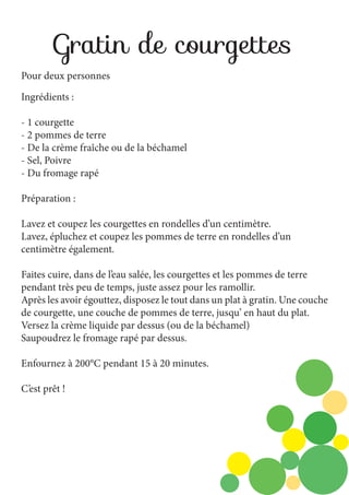 Gratin de courgettes
Pour deux personnes
Ingrédients :
- 1 courgette
- 2 pommes de terre
- De la crème fraîche ou de la béchamel
- Sel, Poivre
- Du fromage rapé
Préparation :
Lavez et coupez les courgettes en rondelles d’un centimètre.
Lavez, épluchez et coupez les pommes de terre en rondelles d’un
centimètre également.
Faites cuire, dans de l’eau salée, les courgettes et les pommes de terre
pendant très peu de temps, juste assez pour les ramollir.
Après les avoir égouttez, disposez le tout dans un plat à gratin. Une couche
de courgette, une couche de pommes de terre, jusqu’ en haut du plat.
Versez la crème liquide par dessus (ou de la béchamel)
Saupoudrez le fromage rapé par dessus.
Enfournez à 200°C pendant 15 à 20 minutes.
C’est prêt !

 