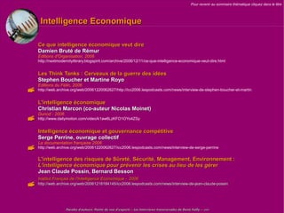 Pour revenir au sommaire thématique cliquez dans le titre




     Intelligence Economique

    Ce que intelligence économique veut dire
    Damien Bruté de Rémur
    Editions d'Organisation, 2006
    http://nextmodernitylibrary.blogspirit.com/archive/2006/12/11/ce-que-intelligence-economique-veut-dire.html


    Les Think Tanks : Cerveaux de la guerre des idées
    Stephen Boucher et Martine Royo
    Editions du Félin, 2006
   http://web.archive.org/web/20061220062627/http://icc2006.lespodcasts.com/news/interview-de-stephen-boucher-et-martine-royo


    L'intelligence économique
    Christian Marcon (co-auteur Nicolas Moinet)
    Dunod - 2006 
   http://www.dailymotion.com/video/k1aw6LzKFO1OYo4ZSy


    Intelligence économique et gouvernance compétitive
    Serge Perrine, ouvrage collectif
    La documentation française 2006
   http://web.archive.org/web/20061220062627/icc2006.lespodcasts.com/news/interview-de-serge-perrine


    L'intelligence des risques de Sûreté, Sécurité, Management, Environnement :
    L'intelligence économique pour prévenir les crises au lieu de les gérer
    Jean Claude Possin, Bernard Besson
    Institut Français de l'Intelligence Economique - 2006
   http://web.archive.org/web/20061218184145/icc2006.lespodcasts.com/news/interview-de-jean-claude-possin




                    Paroles d'auteurs, Points de vue d'experts – Les Interviews transversales de Denis Failly – 2009
 