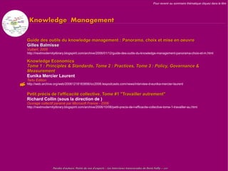 Pour revenir au sommaire thématique cliquez dans le titre




      Knowledge Management

     Guide des outils du knowledge management : Panorama, choix et mise en oeuvre
     Gilles Balmisse
     Vuibert, 2005
     http://nextmodernitylibrary.blogspirit.com/archive/2006/01/12/guide-des-outils-du-knowledge-management-panorama-choix-et-m.html

     Knowledge Economics
     Tome 1 : Principles & Standards, Tome 2 : Practices, Tome 3 : Policy, Governance &
     Measurement
     Eunika Mercier Laurent
     Tartu Edition
 http://web.archive.org/web/20061218183856/icc2006.lespodcasts.com/news/interview-d-eunika-mercier-laurent
     Petit précis de l'efficacité collective, Tome #1 "Travailler autrement"
     Richard Collin (sous la direction de )
     Ouvrage collectif parainé par Microsoft France - 2006
     http://nextmodernitylibrary.blogspirit.com/archive/2006/10/06/petit-precis-de-l-efficacite-collective-tome-1-travailler-au.html




                        Paroles d'auteurs, Points de vue d'experts – Les Interviews transversales de Denis Failly – 2009
 