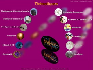 Pour revenir au menu cliquez dans le titre

                                                    Thématiques
Développement humain et durable                                                                                Knowledge Management


  Intelligence économique                                                                                                Marketing et Communication



Intelligence collective                                                                                                        Mémétique



       Innovation                                                                                                                 Prospective



 Internet et TIC                                                                                                                   Sciences




 Complexité                                                                                                                       Sociologie




                          Paroles d'auteurs, Points de vue d'experts – Les Interviews transversales de Denis Failly – 2009
 