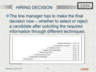 HIRING DECISIONThe line manager has to make the final decision now – whether to select or reject a candidate after soliciting the required information through different techniques.Friday, July 08, 201115