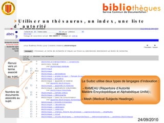 24/09/2010    Utiliser un thésaurus, un index, une liste d’autorité Renvoi vers un terme associé au sujet . Le Sudoc utilise deux types de langages d’indexation : - RAMEAU (Répertoire d’Autorité  Matière Encyclopédique et Alphabétique Unifié) ; - Mesh (Medical Subjects Headings). Nombre de documents associés au sujet. 