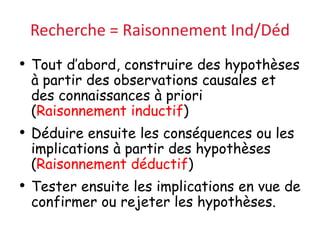 Recherche = Raisonnement Ind/Déd
• Tout d’abord, construire des hypothèses
à partir des observations causales et
des connaissances à priori
(Raisonnement inductif)
• Déduire ensuite les conséquences ou les
implications à partir des hypothèses
(Raisonnement déductif)
• Tester ensuite les implications en vue de
confirmer ou rejeter les hypothèses.
 