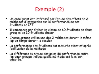 Exemple (2)
• Un enseignant est intéressé par l’étude des effets de 2
méthodes d’instruction sur la performance de ses
étudiants en IFT
• Il commence par diviser sa classe de 60 étudiants en deux
groupes de 30 étudiants chacun
• Chaque groupe utilise une des 2 méthodes durant le même
lap de temps durant la session
• La performance des étudiants est mesurée avant et après
l’utilisation de la méthode
• La différence au niveau des gains de performance entre
les deux groupe indique quelle méthode est la mieux
adaptée.
 