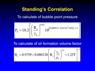 Standing’s Correlation
To calculate of bubble point pressure
To calculate of oil formation volume factor
1.2
0.5
g
o s
o
B 0.9759 0.000120 R 1.25T
 
g
 
 
  
 
r
 
 
 
 
0
0.83
0.00091T 0.0125( API 1.4
s
b
g
R
P 18.2 10
 
 
 
 
  
 
g
 
 
 
 