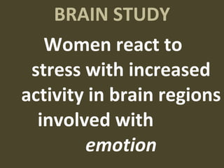 BRAIN STUDY Women react to  stress with increased activity in brain regions involved with  emotion 